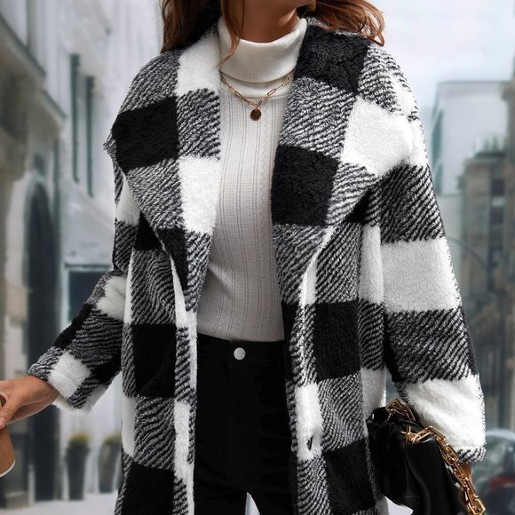 Multicolor Preppy Womens Buffalo Plaid Print Teddy Coat - Picture 2 of 5